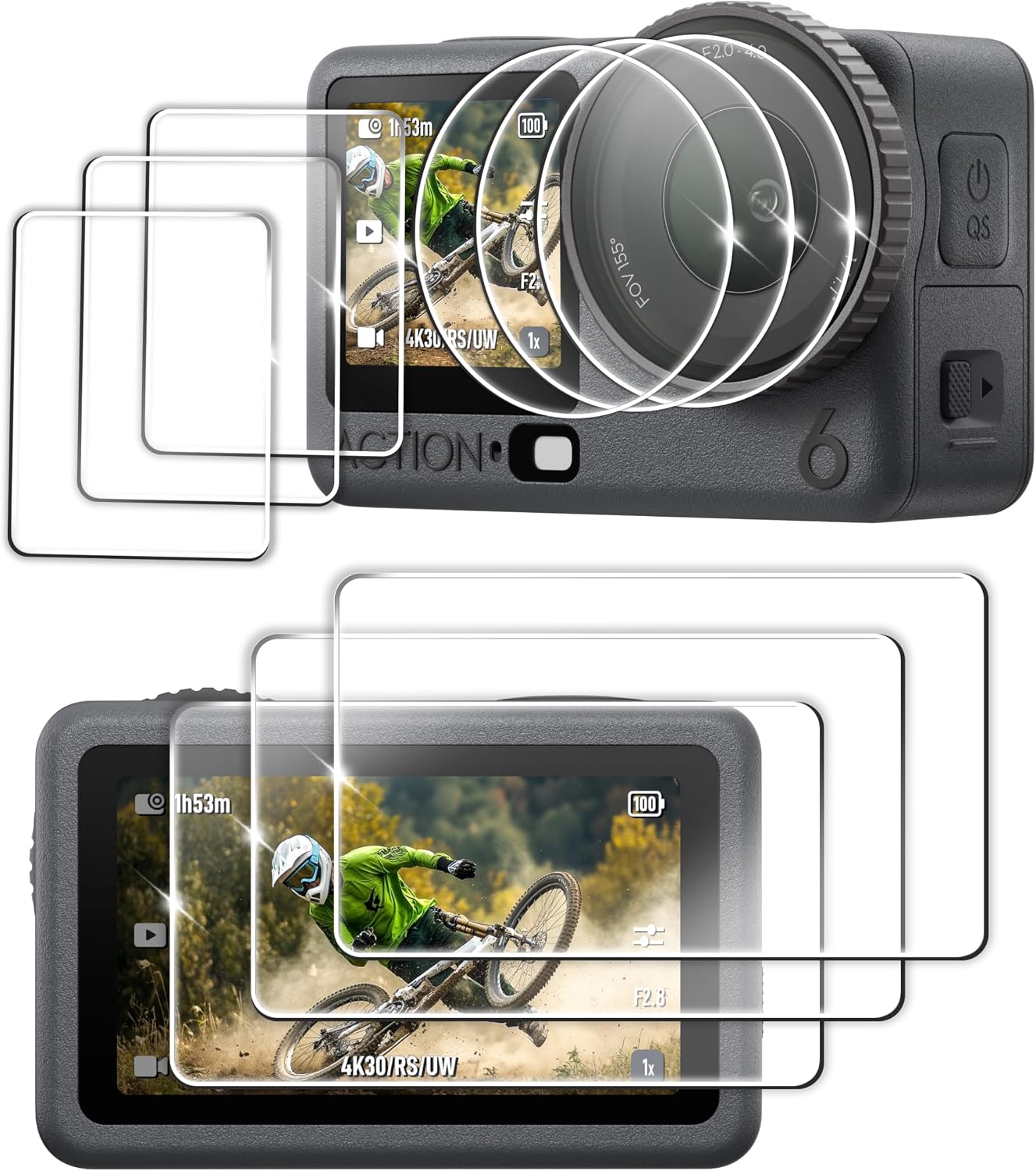 FiTSTILL Tempered Glass Screen Protector Set for DJI Osmo Action 5 Pro/4/3 (9-pack) with Silicone Lens Cover