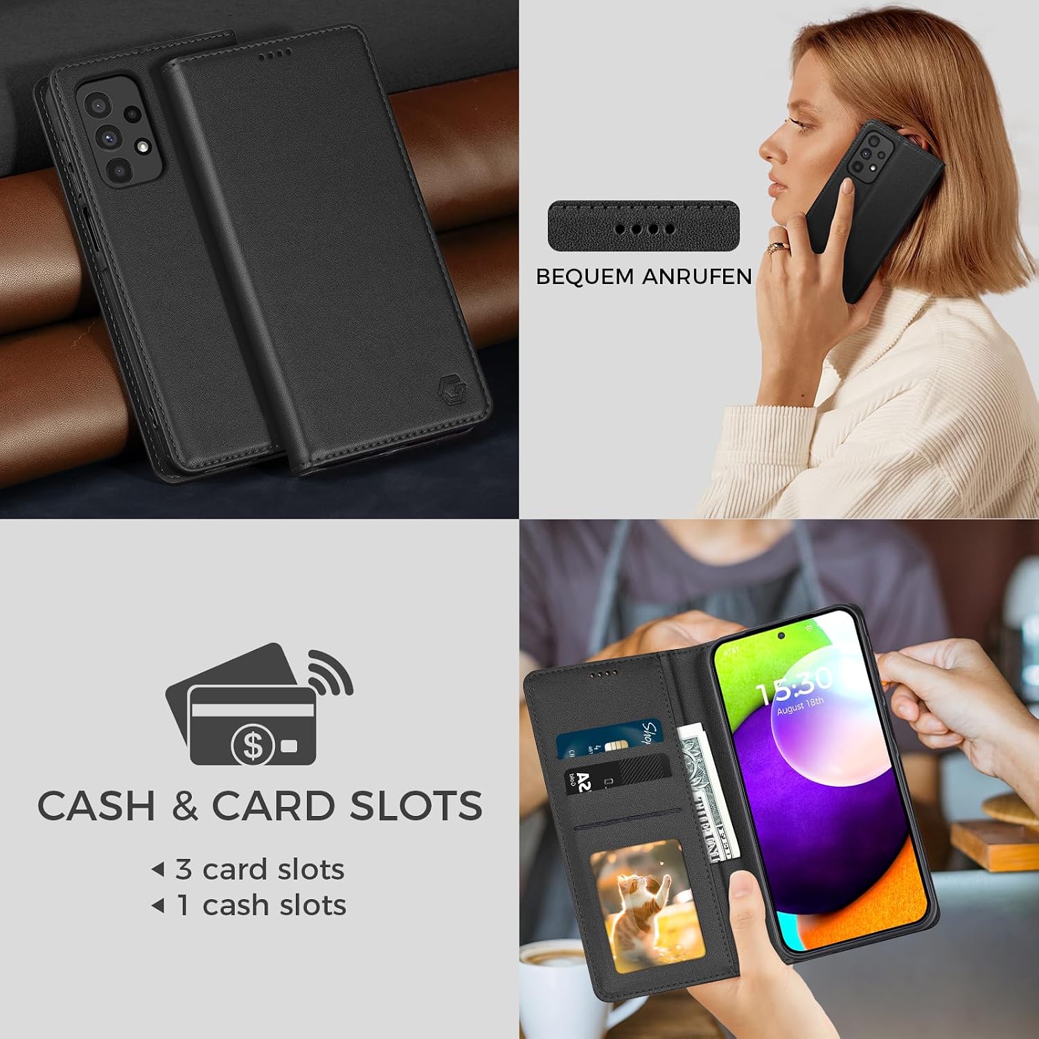 Detalle de Kirnntca Flip Case für Samsung Galaxy A52 5G/4G A52S 5G – PU-Leder Klapphülle mit Kartenfach & Standfunktion, Schwarz