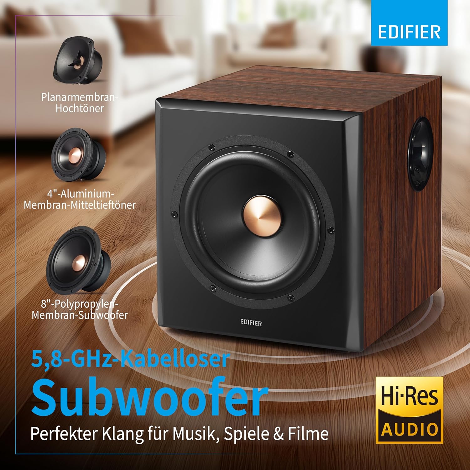 Thumbnail 6 de Edifier S360DB 2.1 Regallautsprecher mit Subwoofer – Bluetooth 5.1 aptX, kabelloser Sound für Büro, Wohnzimmer und kleine Räume