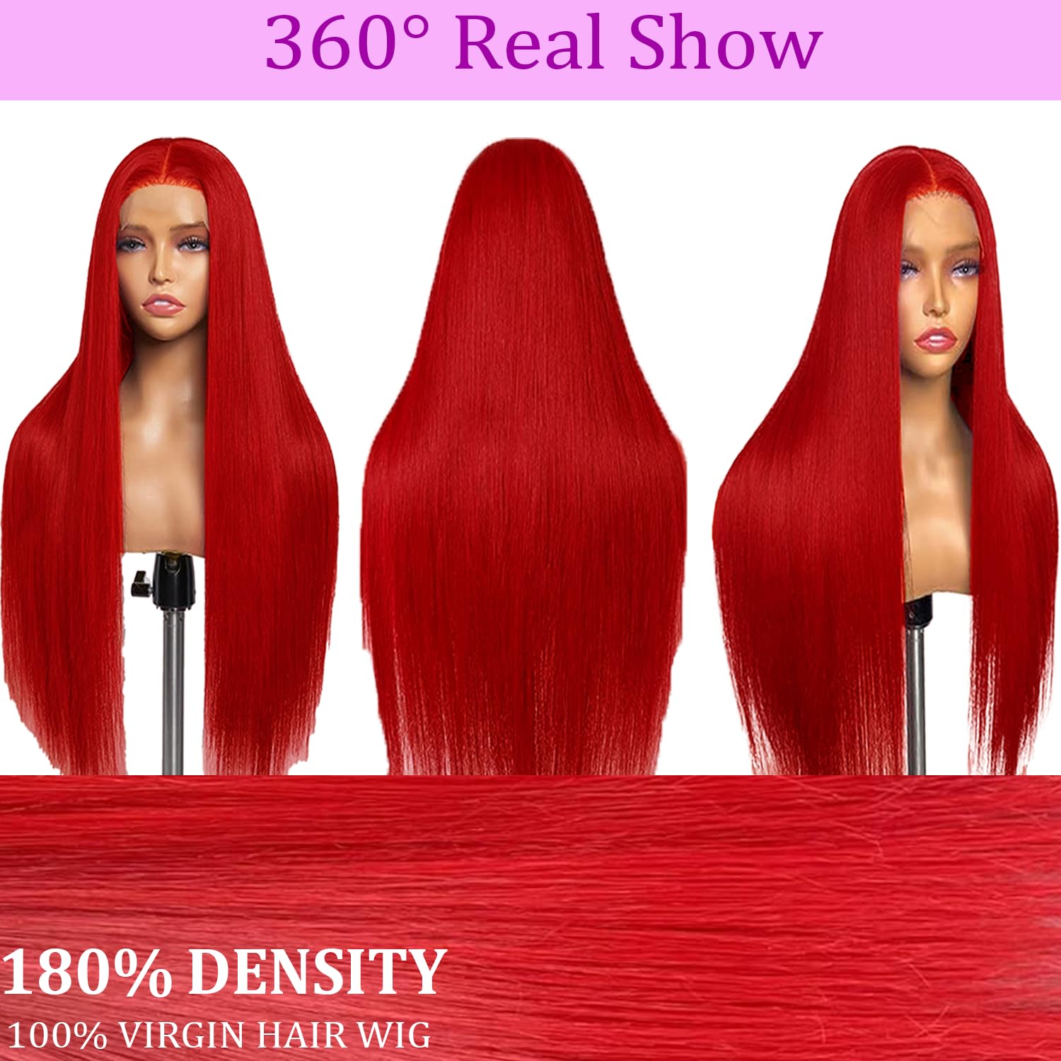 Detalle de Red Burgundy Straight Lace Front Wig (13x4) | 100% Unprocessed Human Hair, Glueless Wear-and-Go