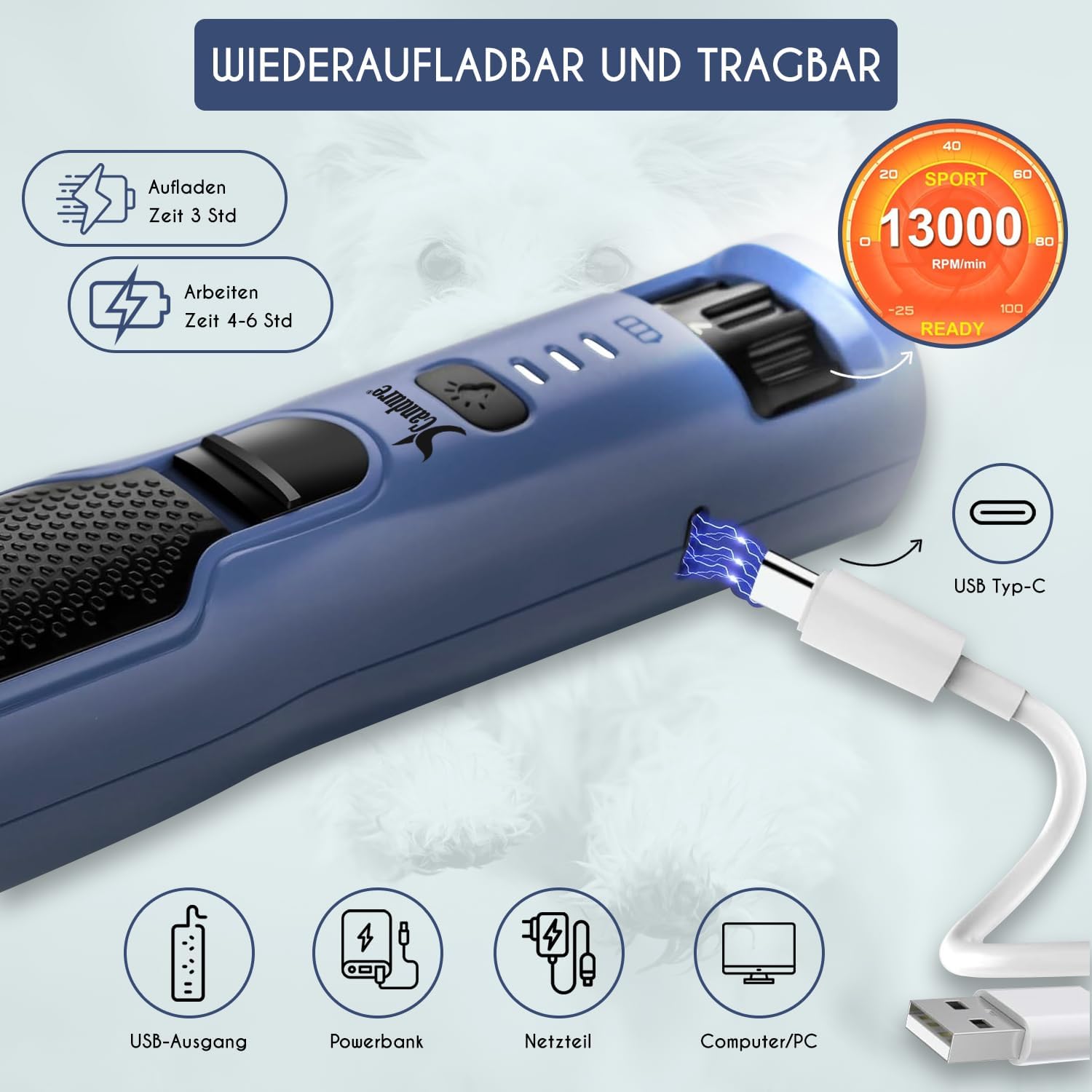 Detalle de Candure Krallenschleifer für Hunde – 3 Aufsätze, 360° LED, leisem Betrieb, wiederaufladbar