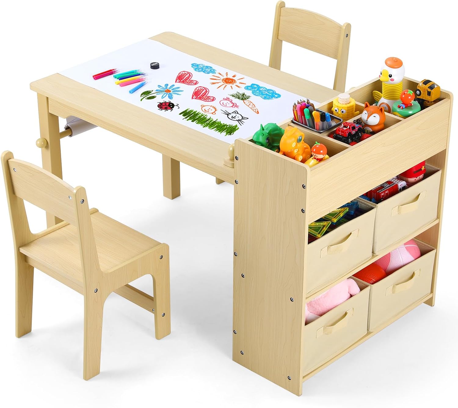 Detalle de Clevich Kids Table and Chairs: 2-in-1 Wooden Craft Desk with Paper Roll, Storage Boxes and Dual Chairs