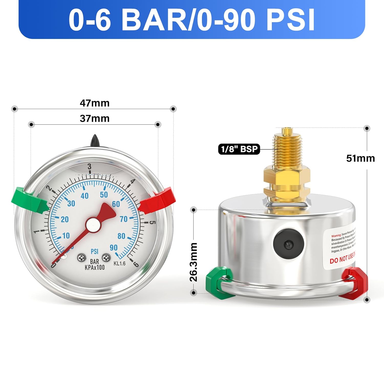 Detalle de ERGAOBOY 0–6 Bar / 0–90 psi Liquid-Filled Stainless Steel Pressure Gauge (1/8" BSP, 1.5" dial)