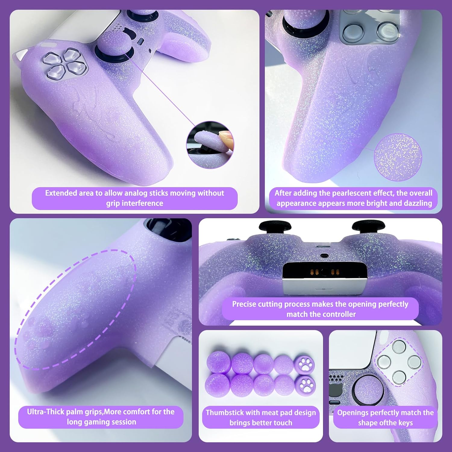 Thumbnail 4 de HLRAO Purple Cat Glitter anti-slip silicone controller skin & thumb grips for PS5 (8 PCS)