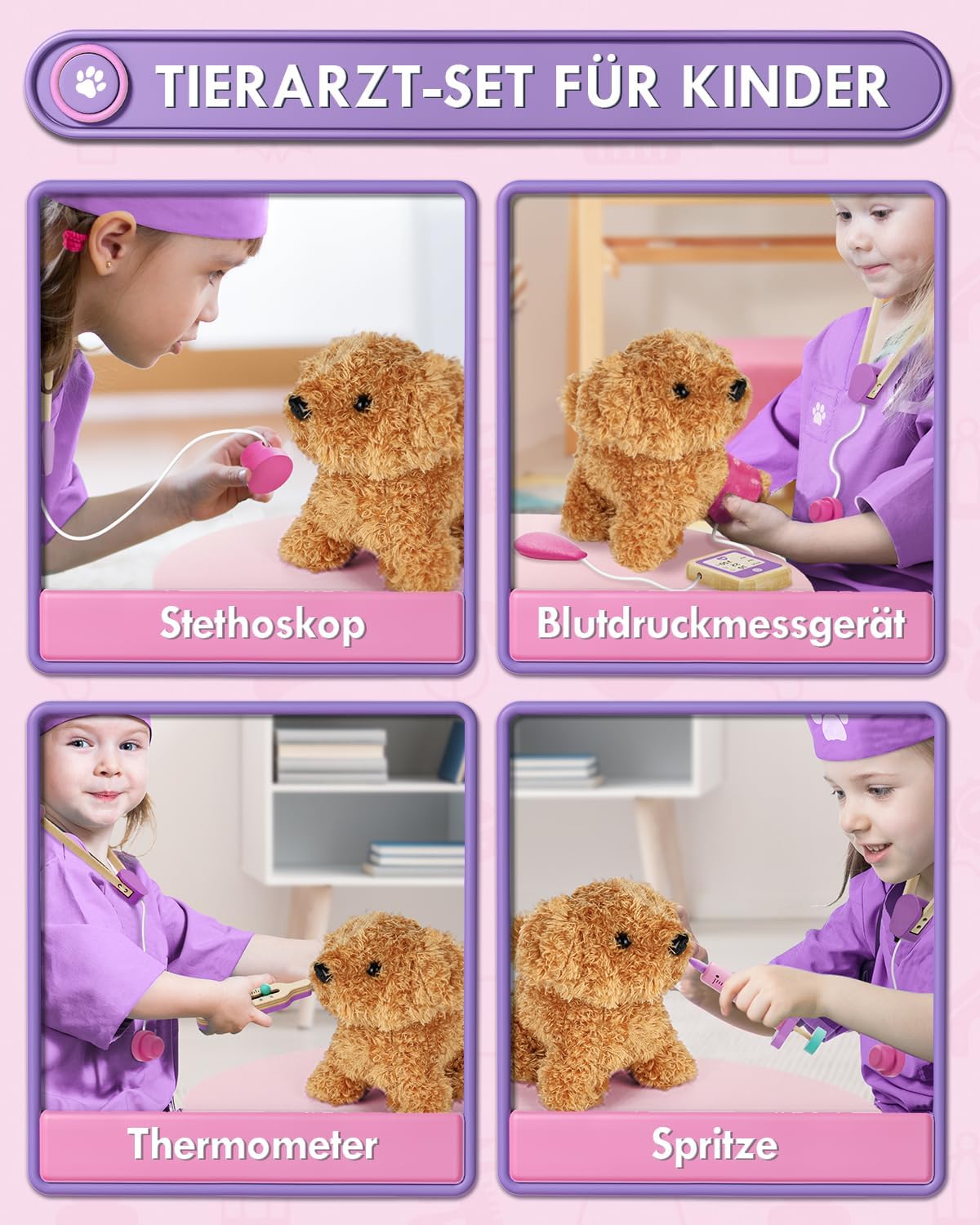 Detalle de SOGAWEBB Arztkoffer Kinder Holz – Tierarzt Spielzeug mit Kleidung, Hut & 21-teiligem Rollenspiel-Set (Rosa)