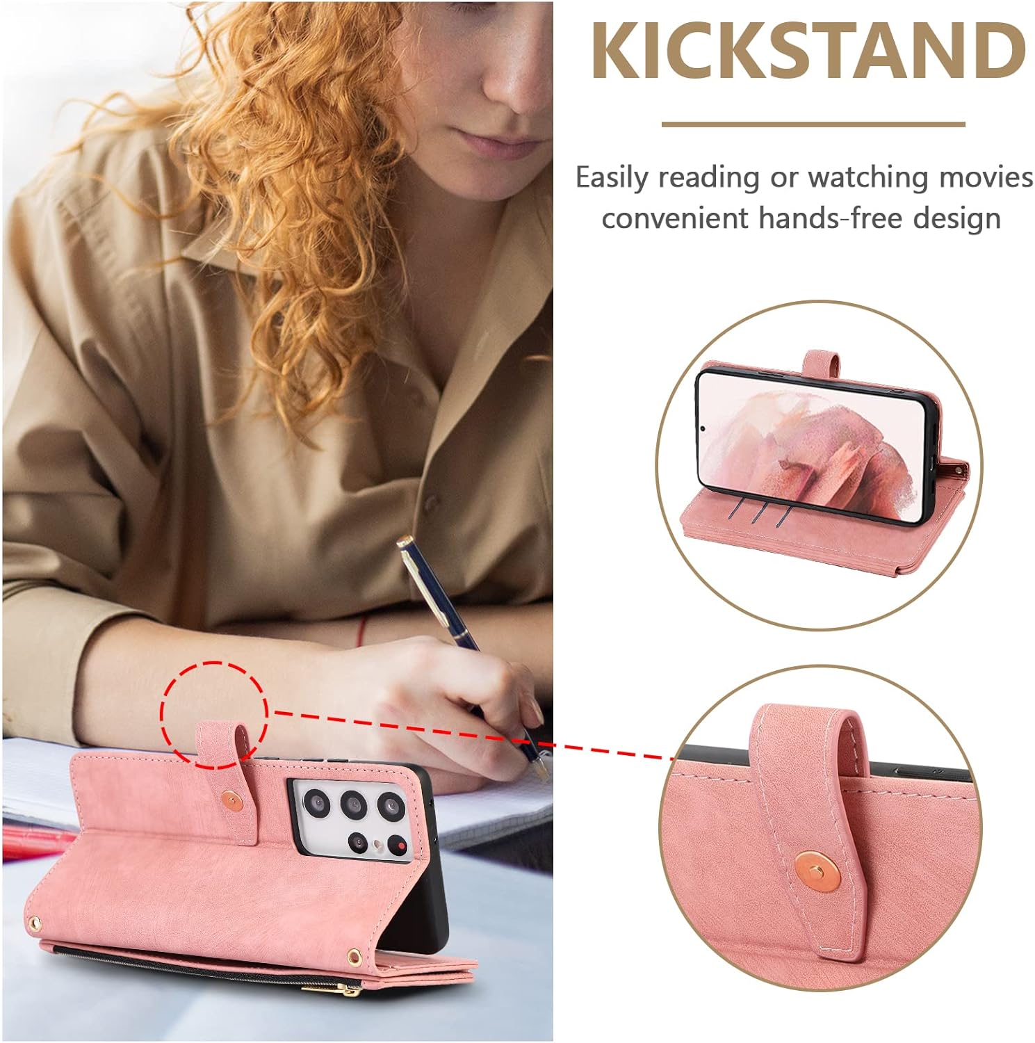 Detalle de UEEBAI Wallet-Hülle für Samsung Galaxy S23 Ultra – Vintage Retro Leder mit 9 Kartenfächern, Umhängegurt, Standfunktion und Reißverschluss in Rosa