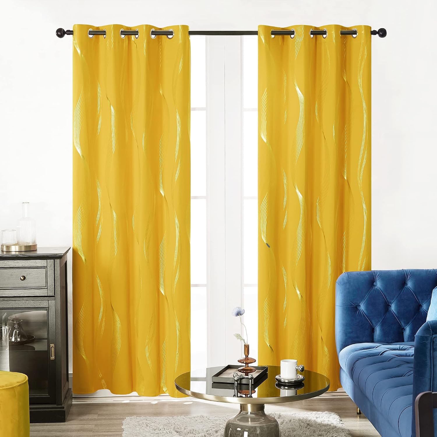 Detalle de Deconovo Silver Wave Line Foil Printed Blackout Curtains – 2 Panels, 66x72 Inch, Mellow Yellow