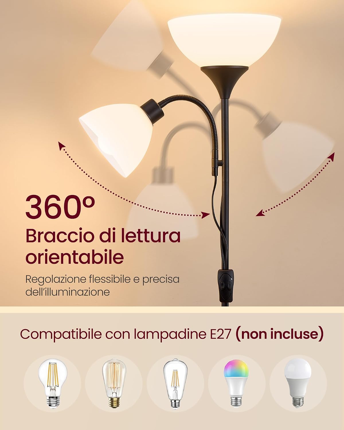 Detalle 2 de VASAGLE Lampada da Terra con Braccio Regolabile Lusia LFL019B102: stile moderno e illuminazione versatile per living e ufficio