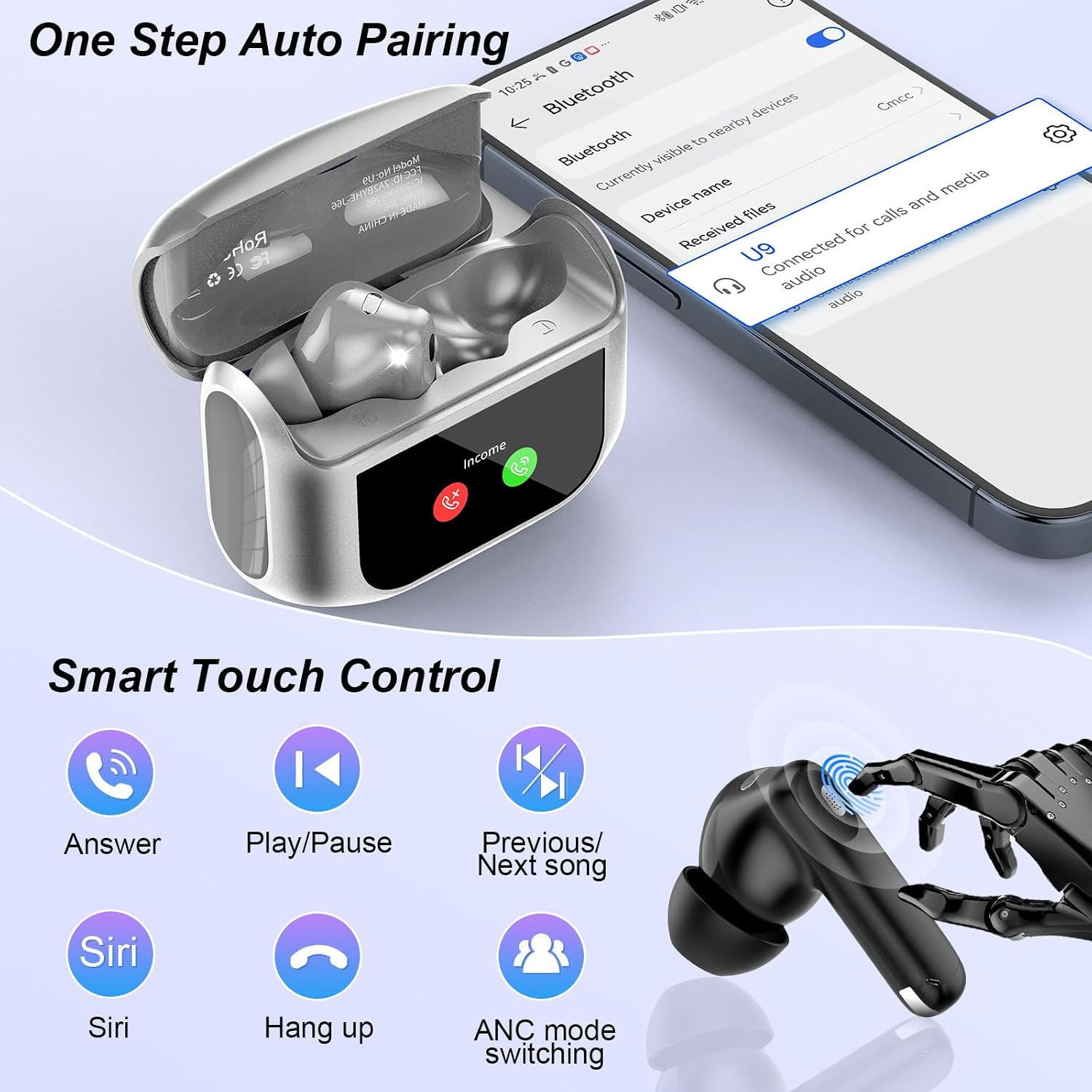 Detalle 2 de QXUFV Wireless Earbuds with Smart Touch Screen, ANC, Bluetooth 5.4, IP7, 40H Playtime