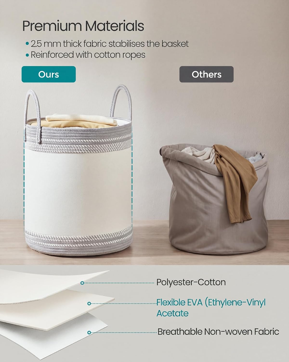 Detalle 1 de SONGMICS Stowit RLH060G01 Laundry Basket, 60 L, Dove Grey and Cloud White