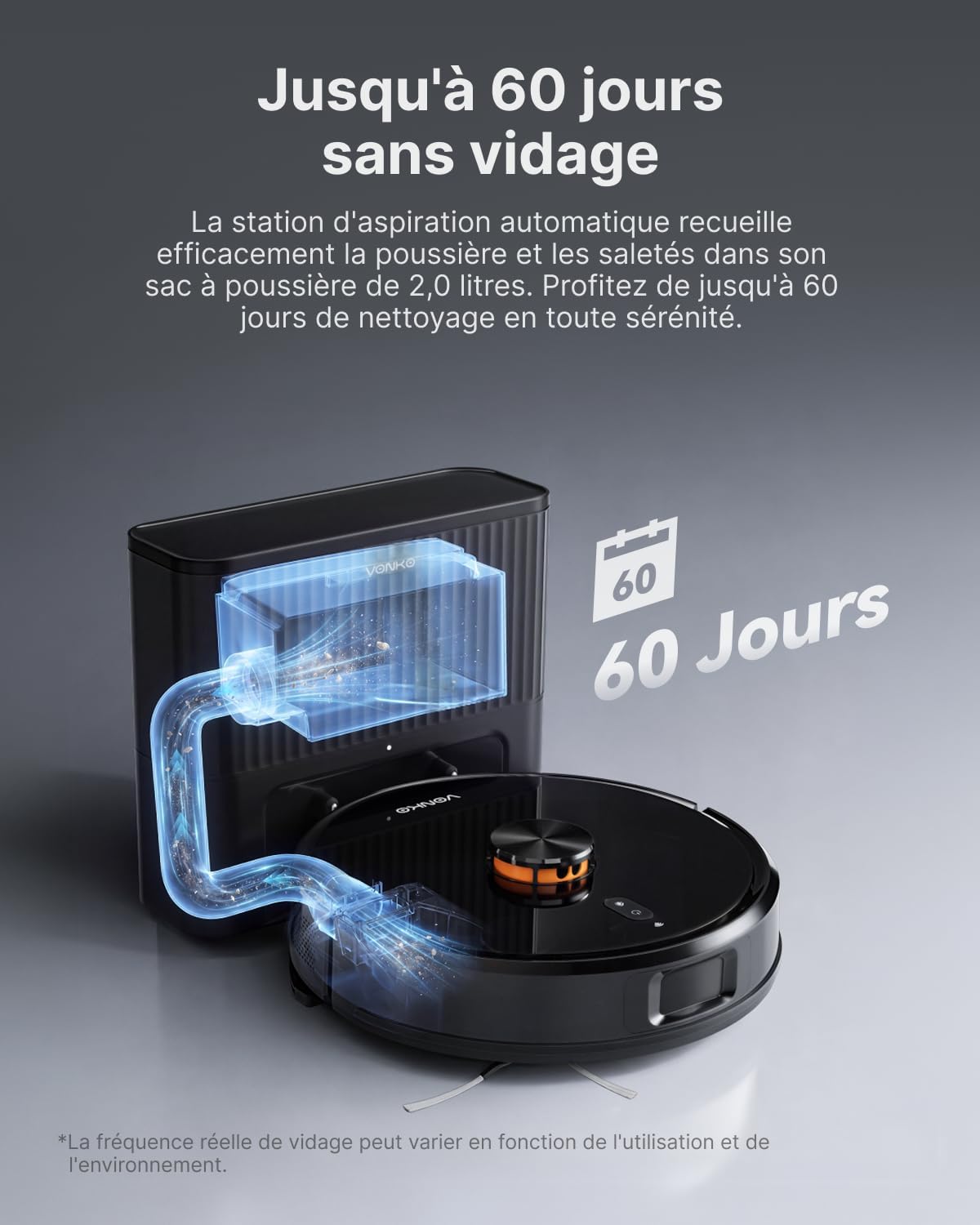 Detalle de VONKO Robot Aspirateur Laveur avec Station de Vidage Automatique — LiDAR 2.0, 8000 Pa, 180 min d’autonomie, idéal poils d’animaux