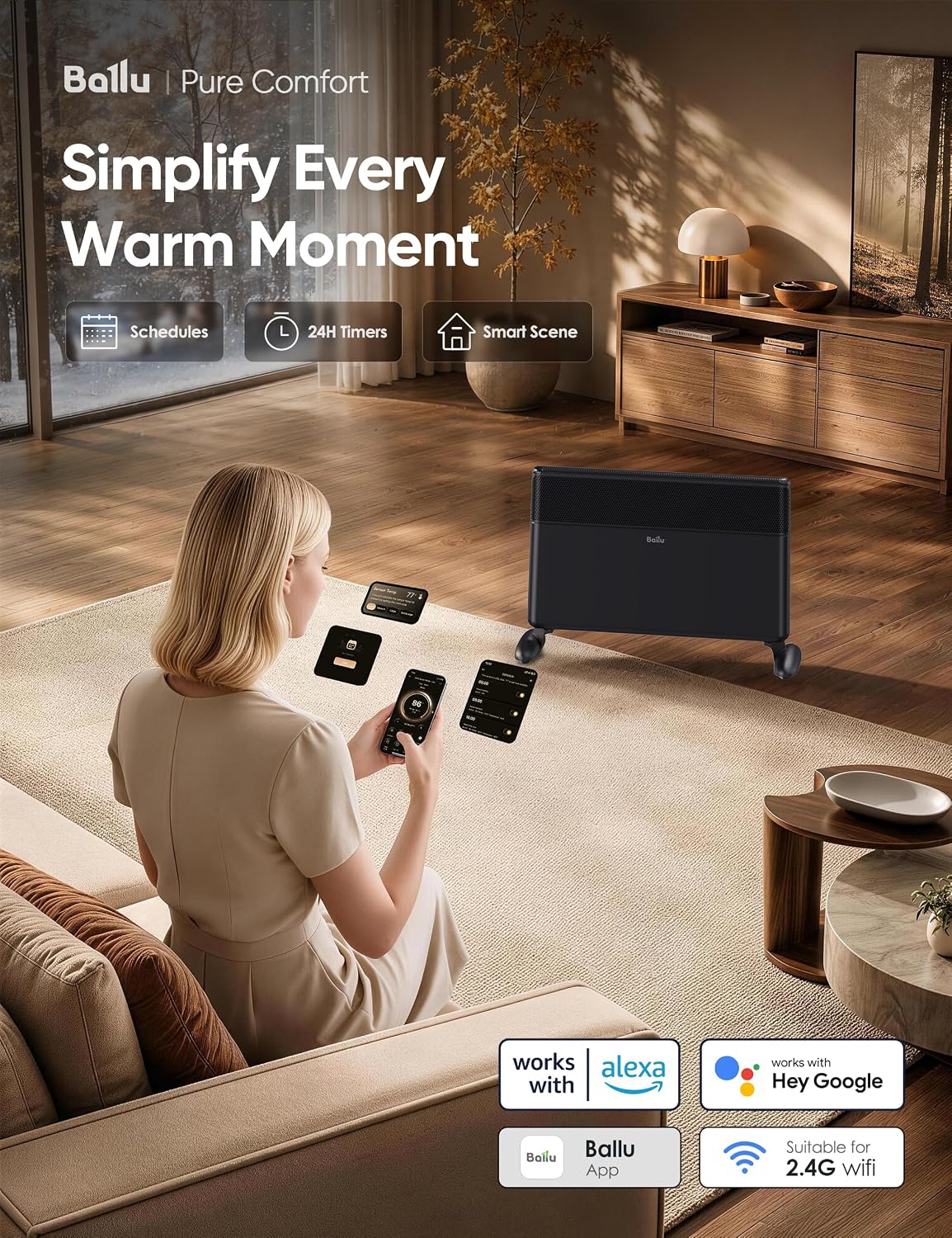 Detalle de Ballu NCA1-4.4-BLACK Smart Convection Space Heater, 1500W, Wi-Fi