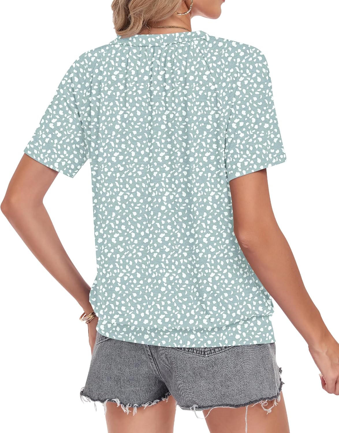 Thumbnail 3 de WNEEDU Damen Sommer T-Shirt: Basic V-Ausschnitt mit plissiertem Frontmieder