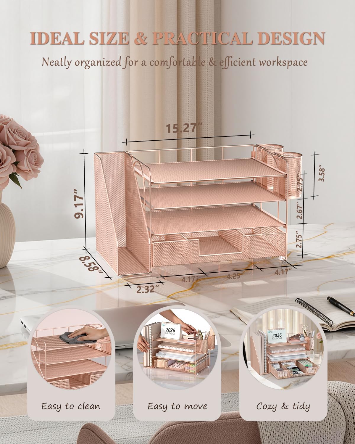 Thumbnail 6 de WALI 4-Tier Desk File Organizer with Drawer, Pen Holders, Rose Gold