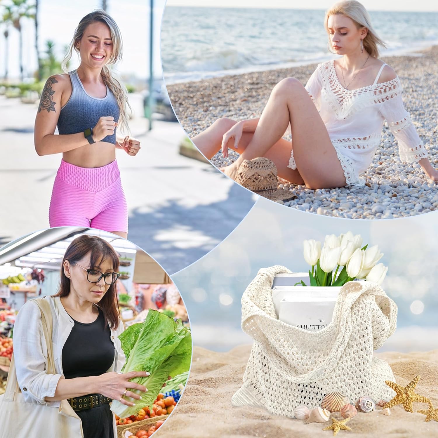 Thumbnail 5 de beifon Strandtasche Damen Boho – gehäkelte Mesh-Beach Bag als Strandbeutel, Tote & Umhängetasche
