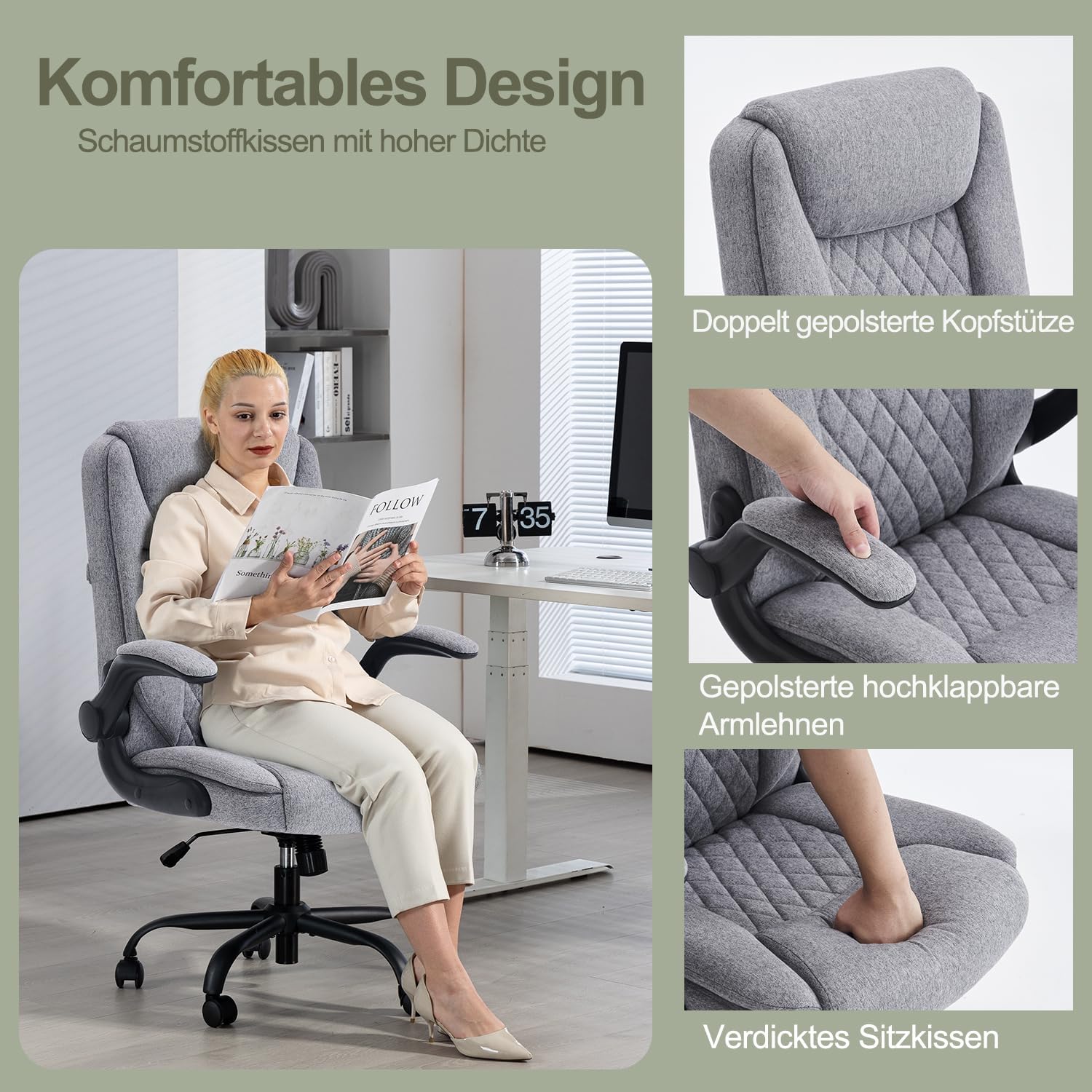 Detalle 2 de CASTLOVE Bürostuhl Ergonomisch – Chefsessel mit gepolsterten Armlehnen, Kopfstütze und 150 kg Tragfähigkeit