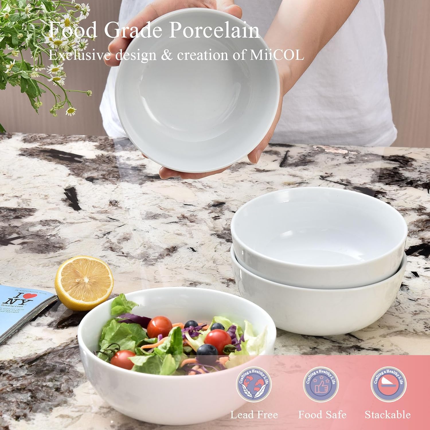 Detalle de Miicol Bowl55 Porcelain Bowls, Set of 4, 590 ml, White, Microwave Safe