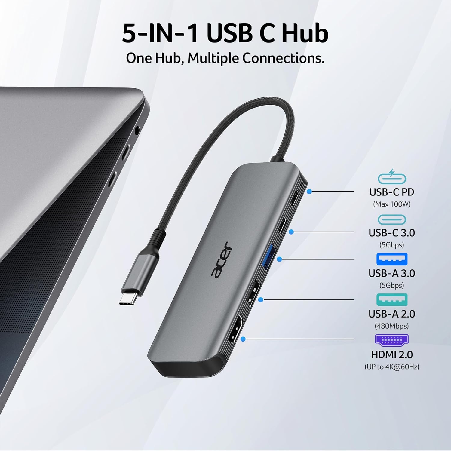 Thumbnail 1 de Acer USB C Hub 5-in-1 (USB‑C to HDMI 4K@60Hz) with 100W USB‑C PD charging