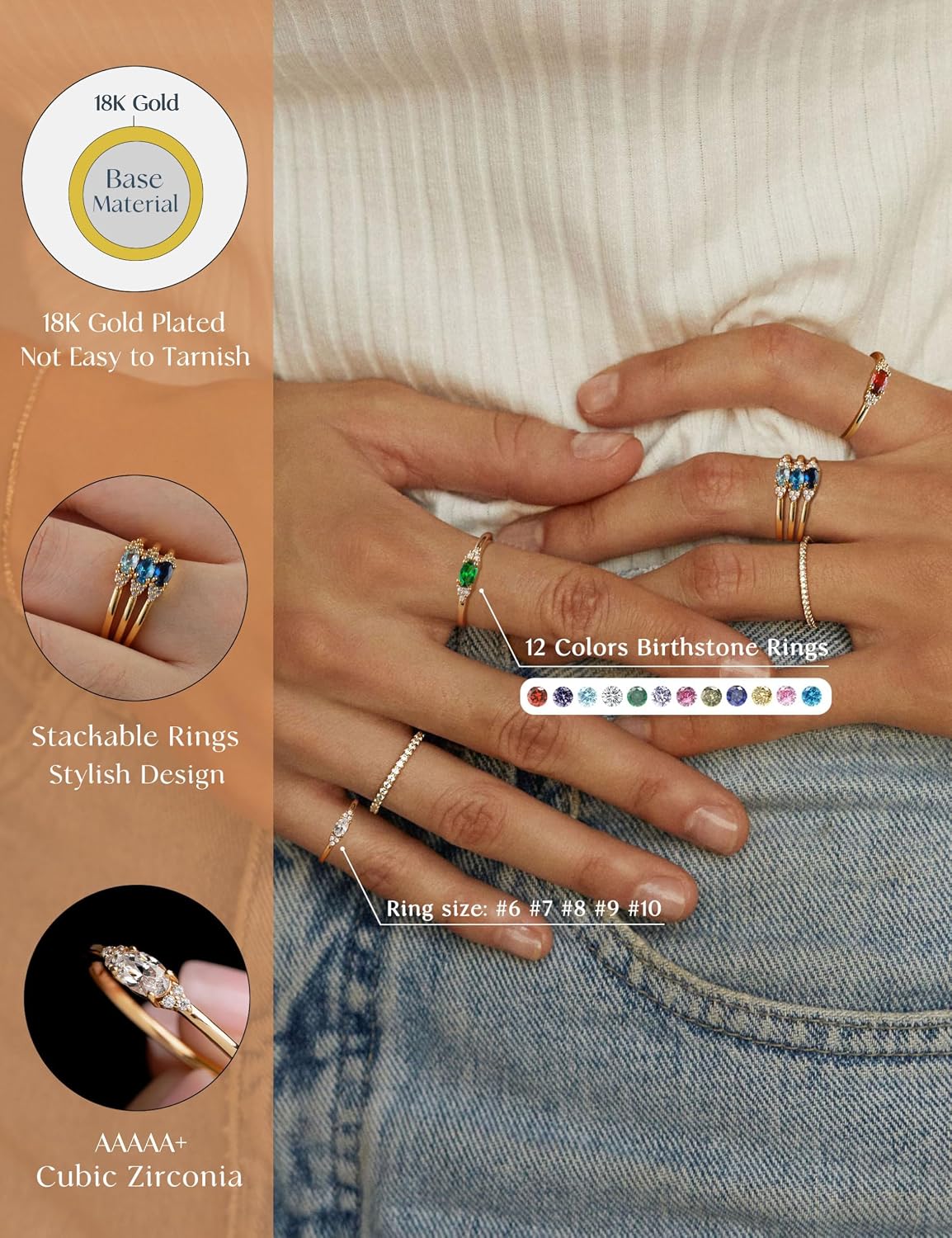 Detalle de ZNBOH Ringe Gold 18K Vergoldet Geburtssteinring