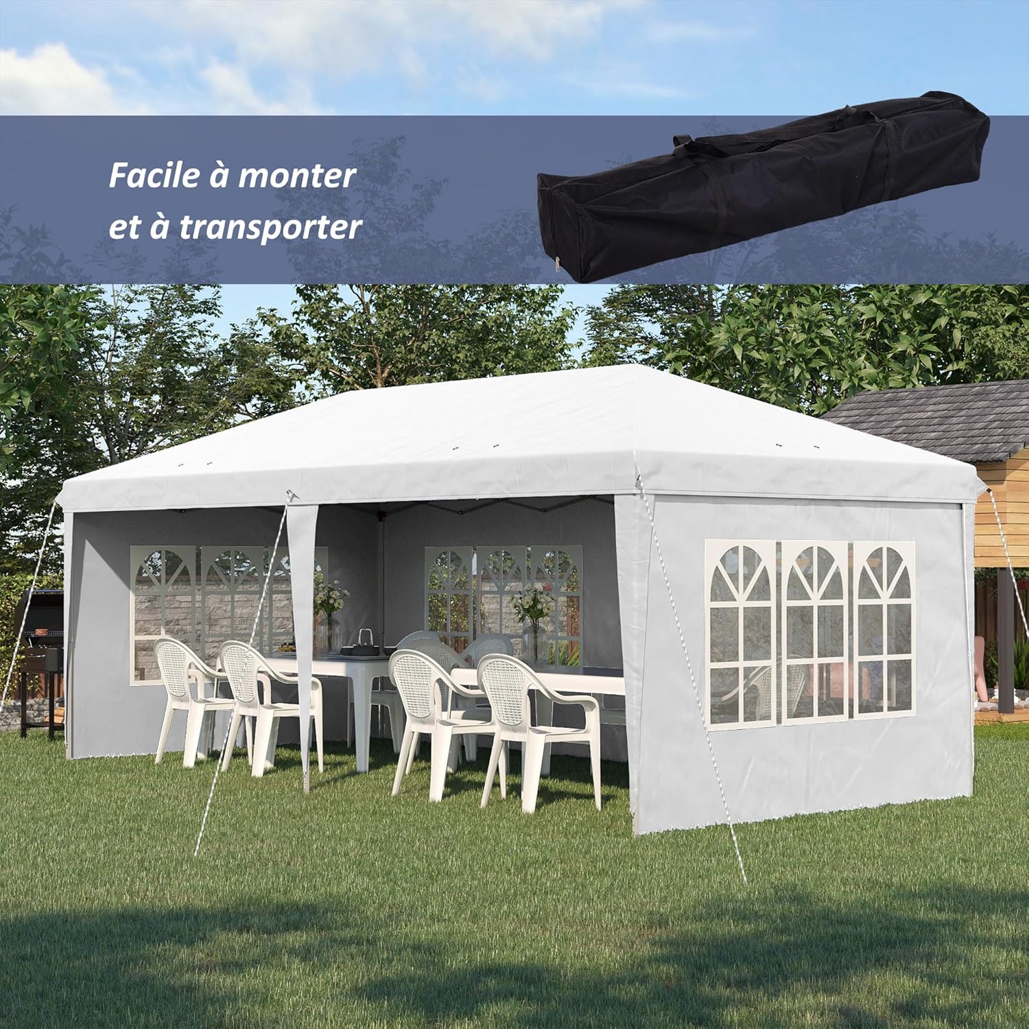 Thumbnail 2 de Outsunny Tonnelle de Jardin extérieure Pop-up Pliante 3x6 m – Barnum 3 côtés démontables, blanc