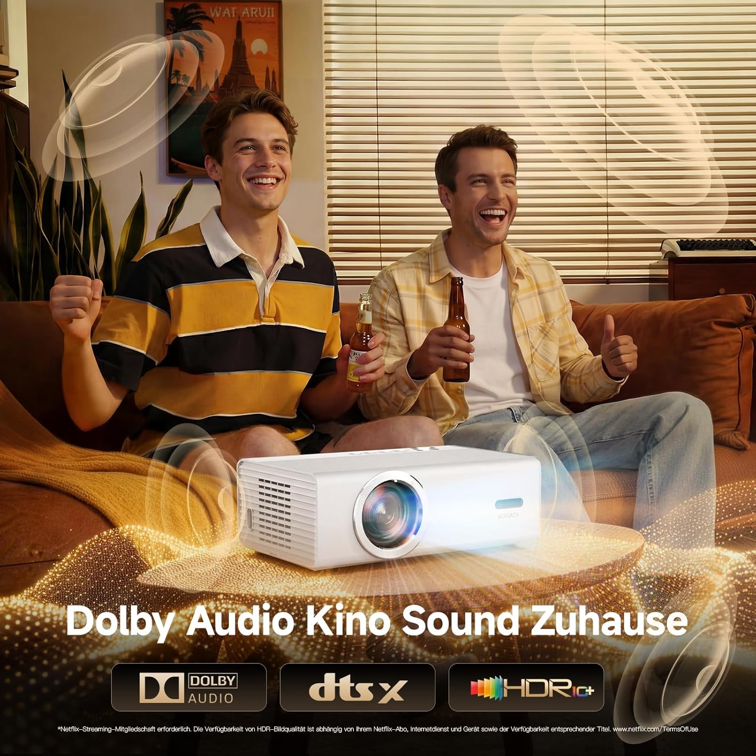 Detalle 2 de KOGATA GC357 4K Smart Beamer mit WLAN & Bluetooth – HDR10+ Auto-Fokus, 6D Keystone, Dolby Audio, Heimkino für Garten & Streaming
