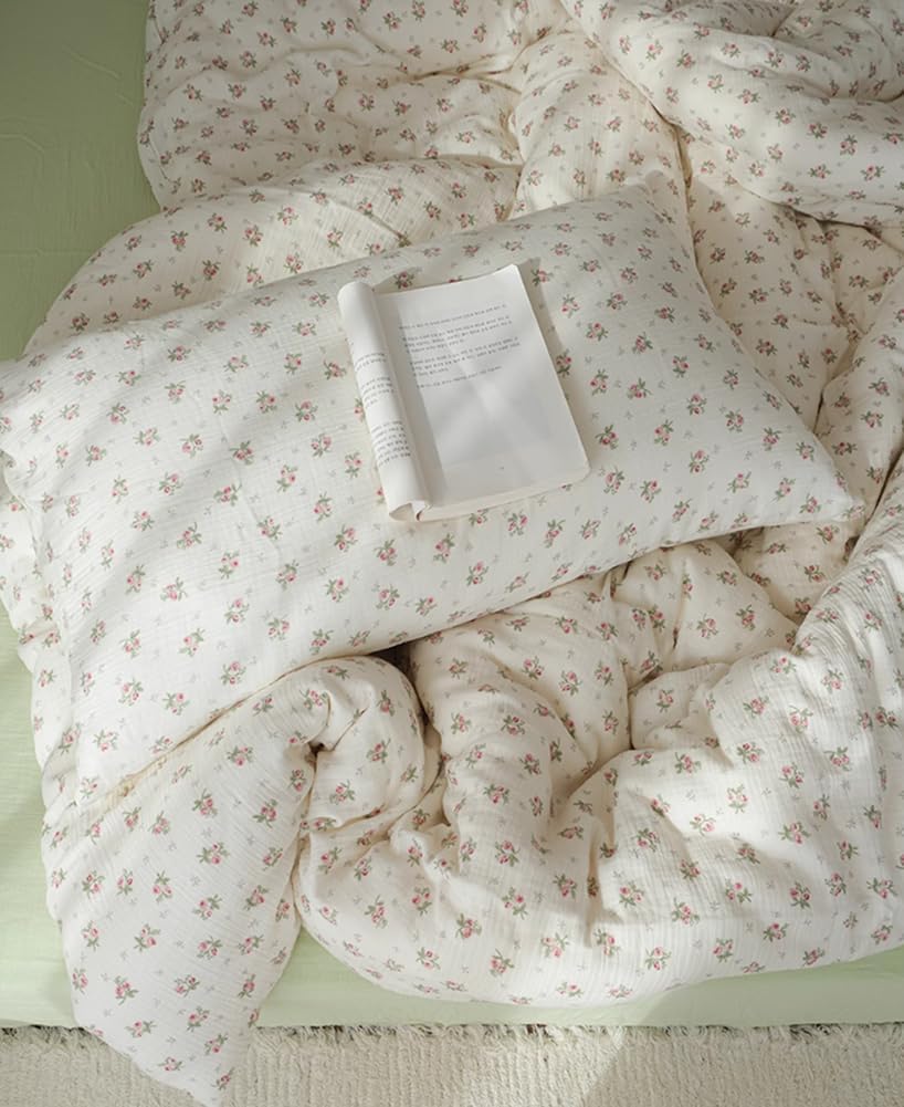 Thumbnail 3 de AShAnlan Doppelte Musselin Bettwäsche 135x200 cm (Baumwolle, rosa Blumenmuster) – mit Reißverschluss