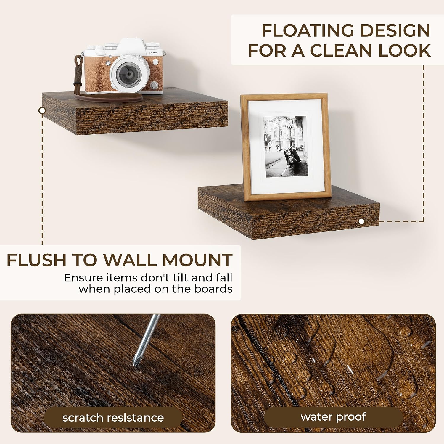 Thumbnail 4 de RICHFOCUS 8 Inch Floating Shelves Set of 4: Rustic Wall Shelves with Invisible Brackets