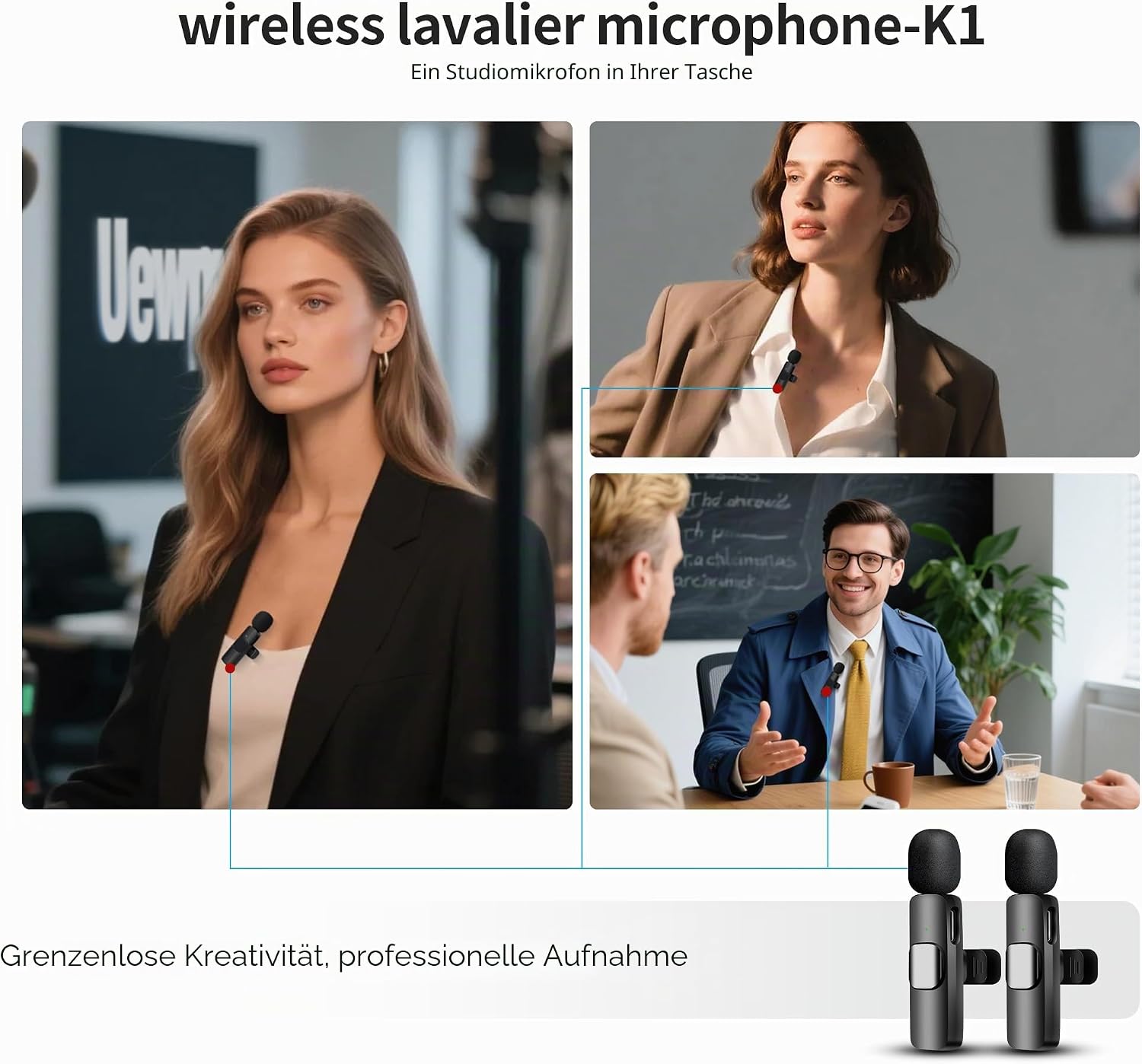 Detalle de Uewpv Kabelloses Lavalier-Mikrofon-Set 2er-Pack – USB-C/Lightning, Geräuschunterdrückung, kompatibel mit iPhone, iPad & Android