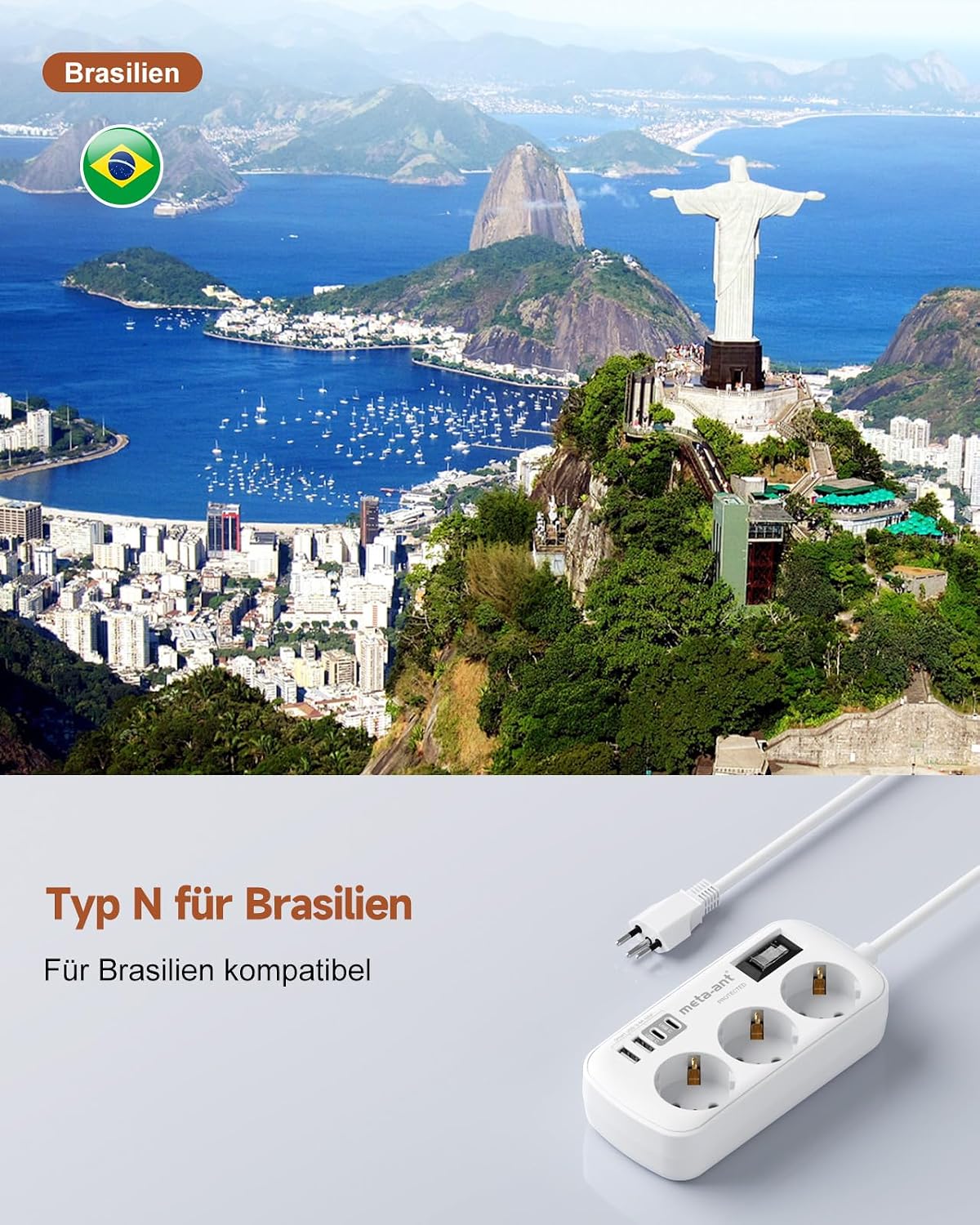 Detalle 2 de Reiseadapter Brasilien mit USB-C – 7-in-1 Typ N Steckeradapter für Brasilien und Südatlantik-Regionen