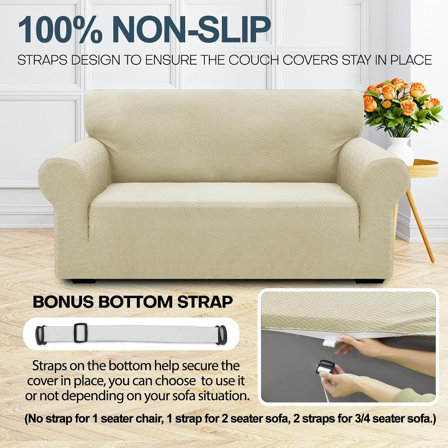 Detalle 2 de Ystyle Housse de canapé extensible 3 places beige clair avec accoudoirs, antidérapante