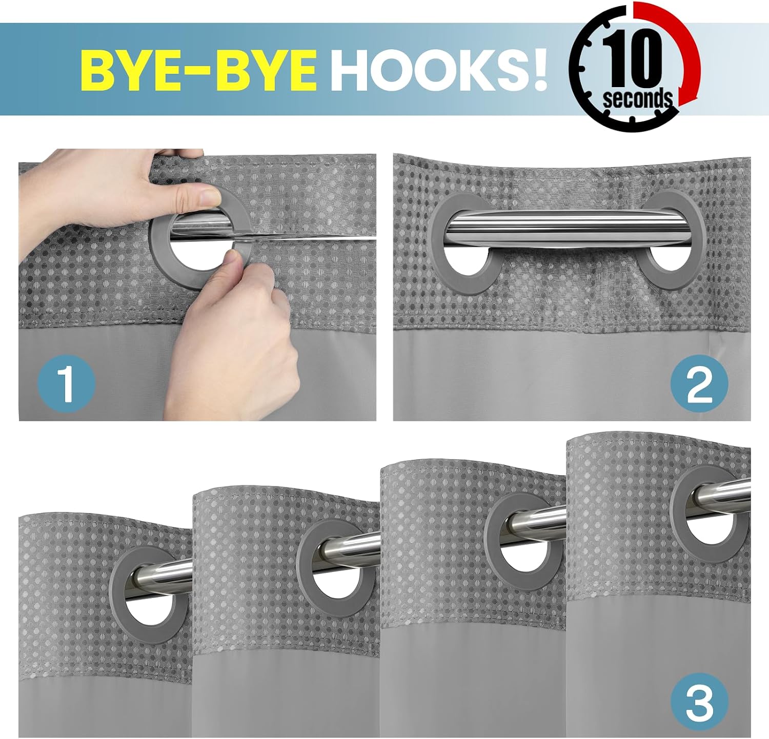 Detalle 2 de SORTTO Ringless Waffle Shower Curtain, 71 x 74 in, Gray with Snap-In Liner