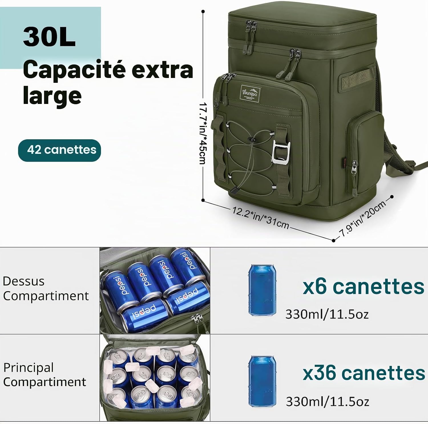 Detalle 2 de Youngoa Sac à Dos Isotherme 30L – Glacière étanche pour pique-nique, camping et randonnée