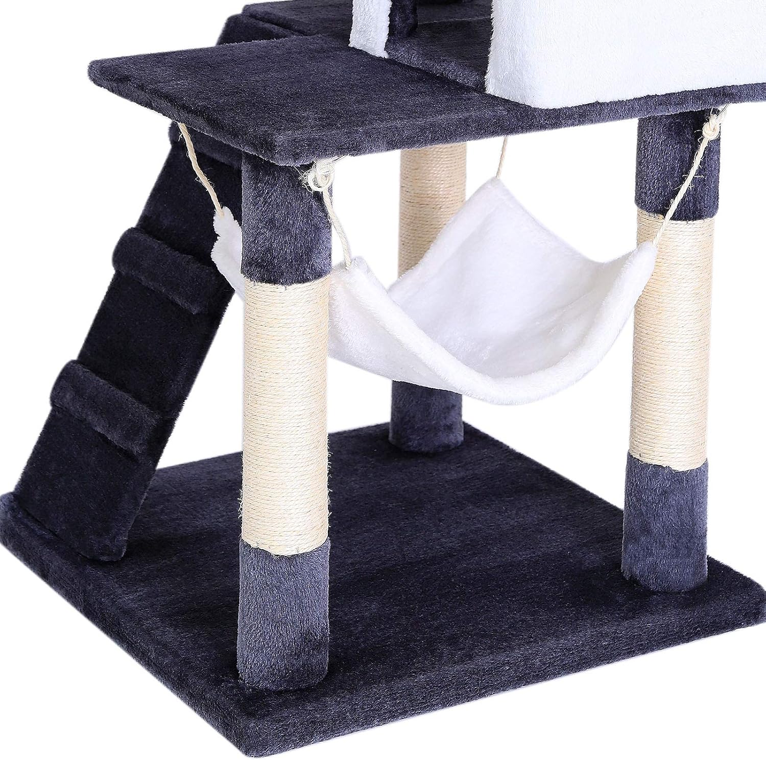 Detalle de lionto Kratzbaum für Katzen mit Hängematte & Tunnel (133 cm) – Sisalseil, Höhle und Liegeflächen in grau/weiß
