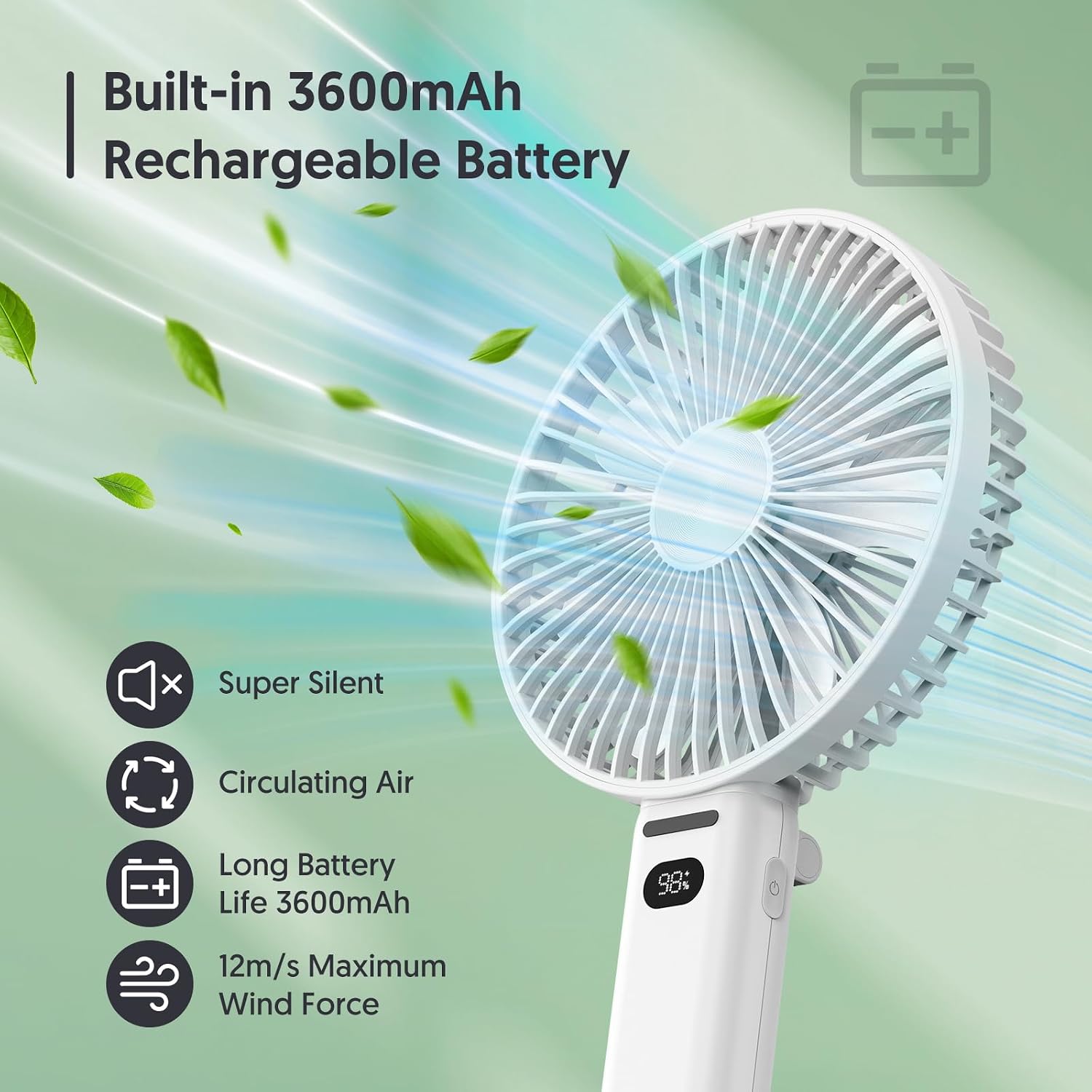 Detalle 2 de Bellababy Handheld Fan Rechargeable: 3600mAh Portable Cooler with LED Display