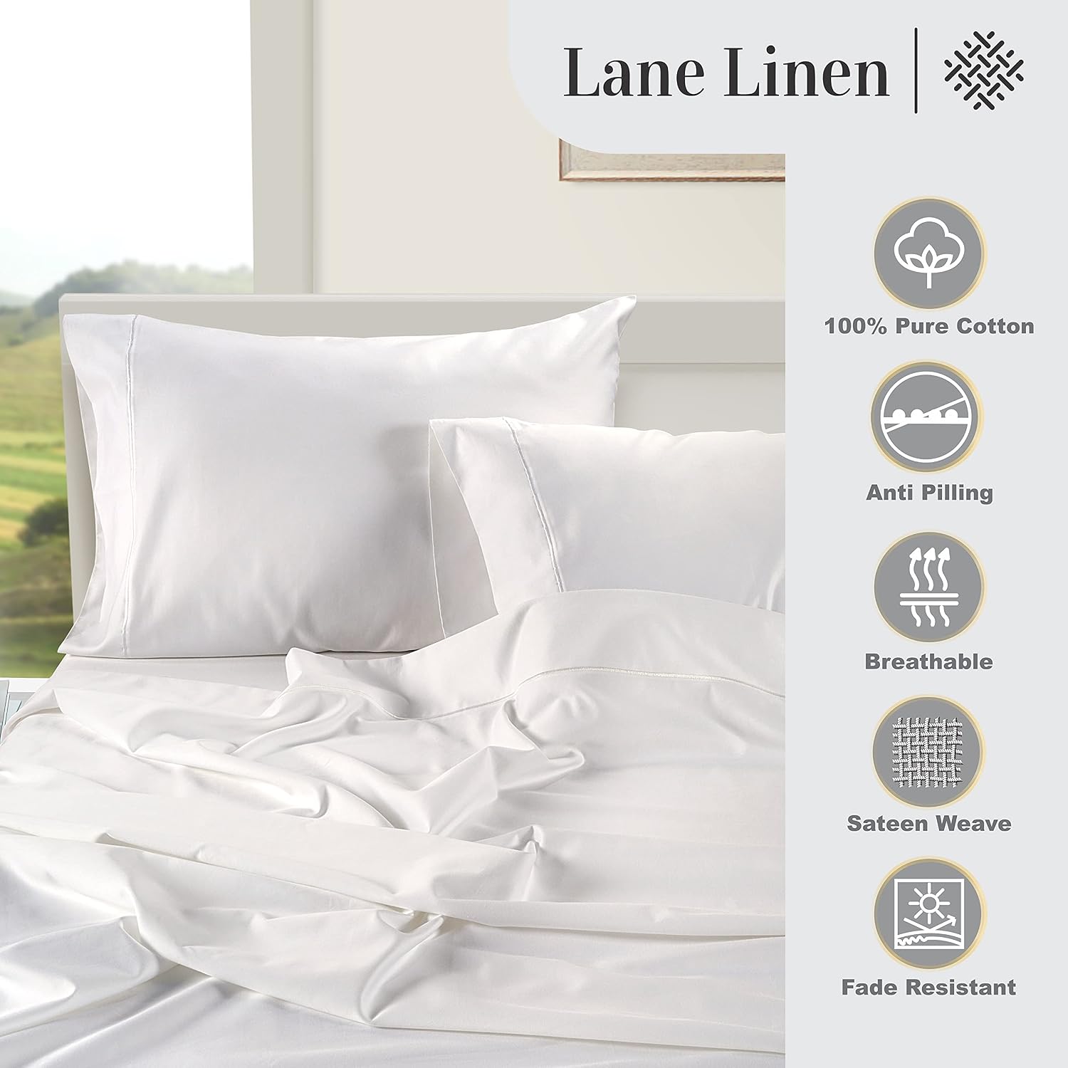 Thumbnail 4 de LANE LINEN 100% Egyptian Cotton Sheets, Queen 4-Piece Set, White, 1000 Thread Count
