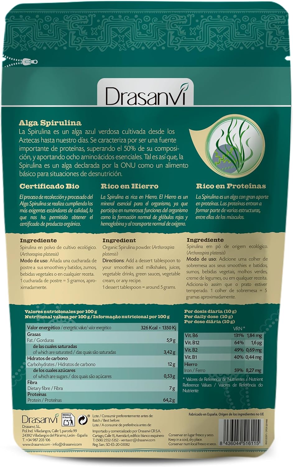 Detalle 2 de DRASANVI Spirulina Bio 🌱 Superalimento Vegano, Rico en Omega 6