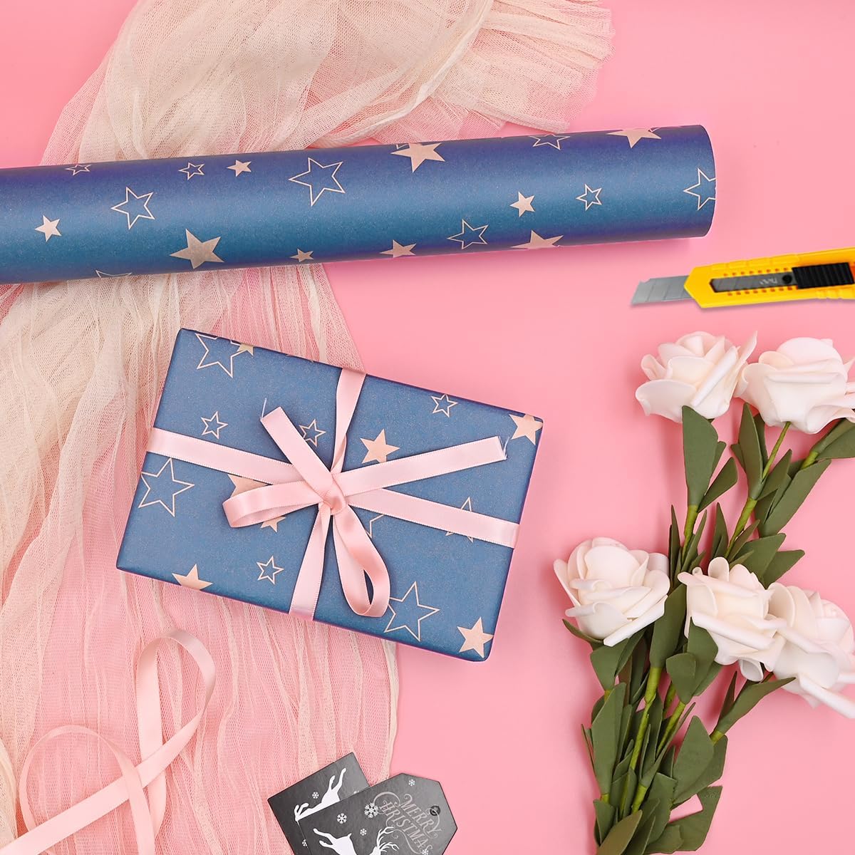 Detalle 2 de Blue Star Wrapping Paper Roll 43cm x 15m – Birthday Kraft Gift Wrap