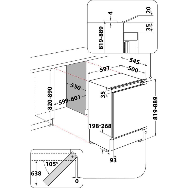 Detalle de Whirlpool WBUF011 Defrost: Frigorífico integrado de una puerta, 126 L, 81,5 cm, Gris