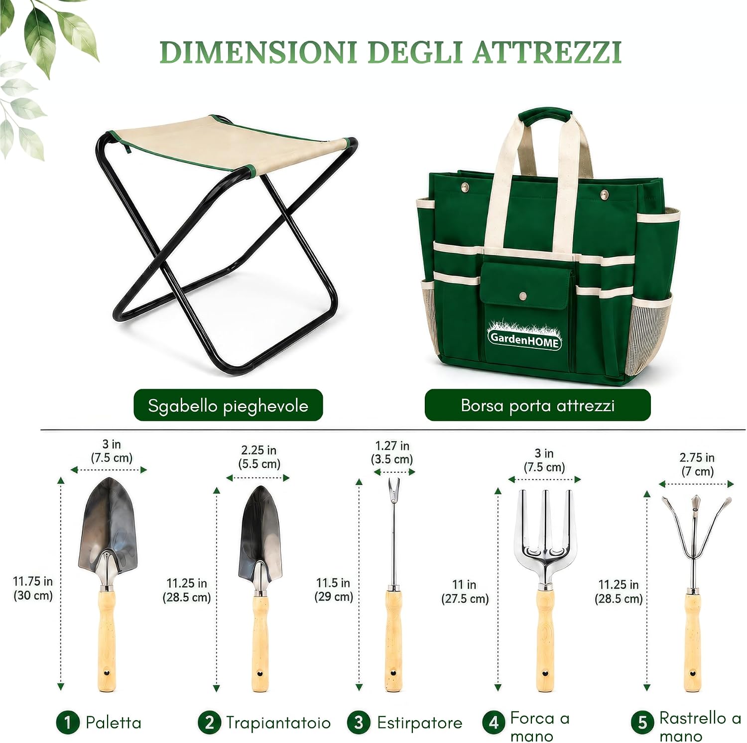 Detalle 2 de GardenHOME Set di attrezzi da giardino 7 pezzi con sgabello pieghevole e borsa