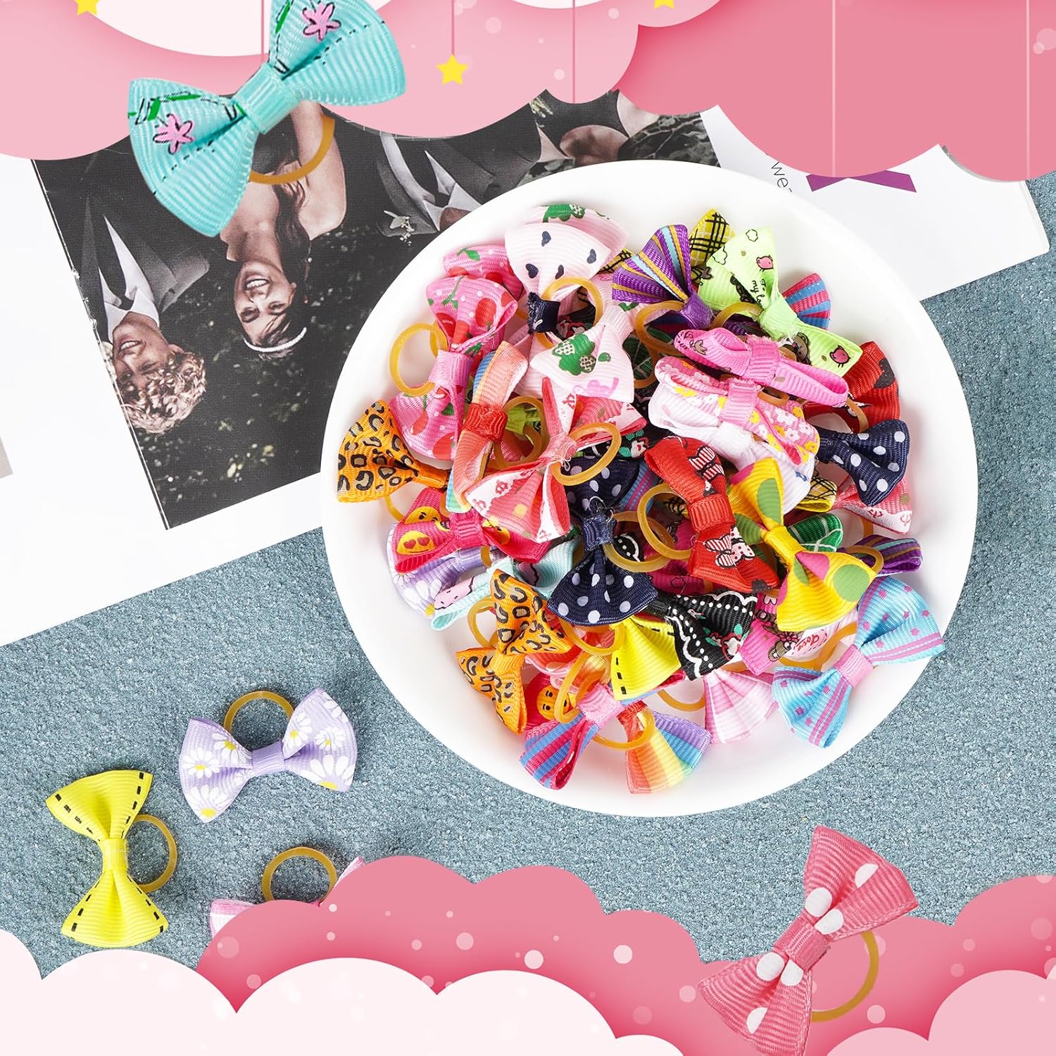 Thumbnail 4 de Chenkou Craft 50 dog hair bows (25 pairs) with elastic rubber bands – mix colours & patterns