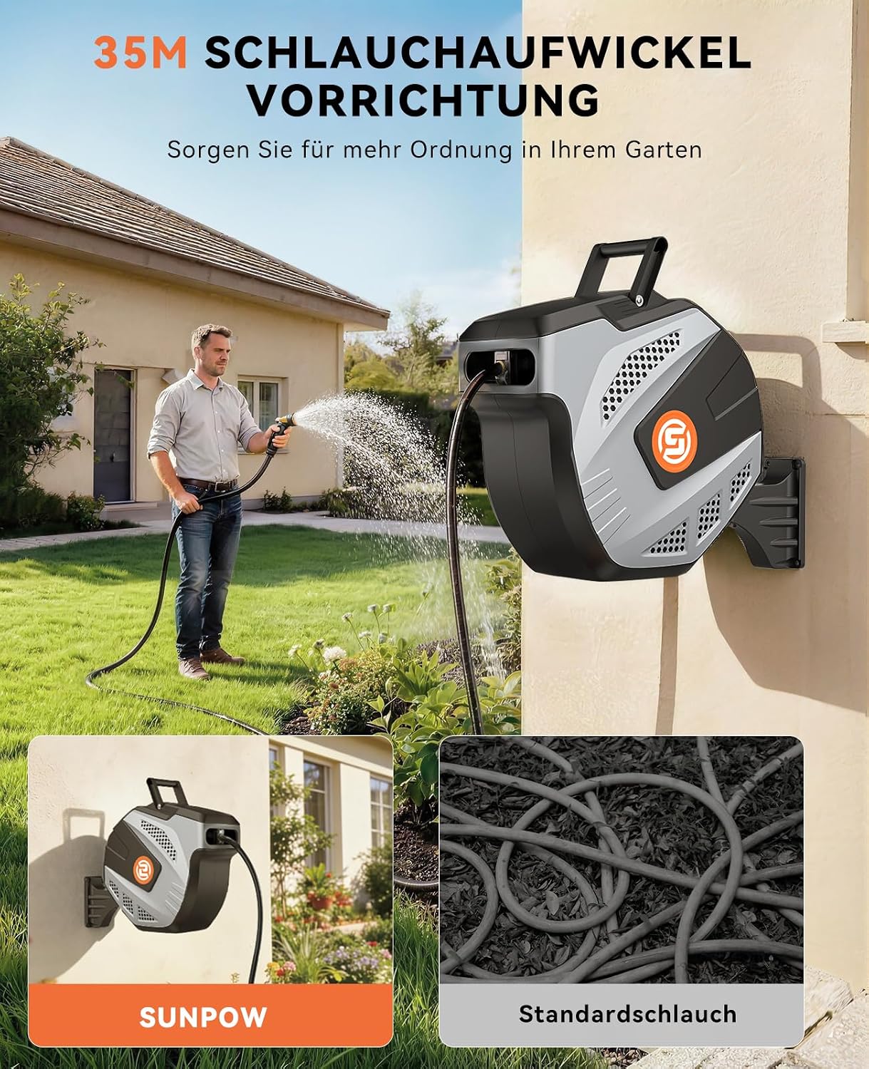Detalle de SUNPOW Wand-Schlauchbox RollUp 35 m – Schlauchtrommel mit 10-fach Sprühdüse, 180° schwenkbar & Auto-Rewind