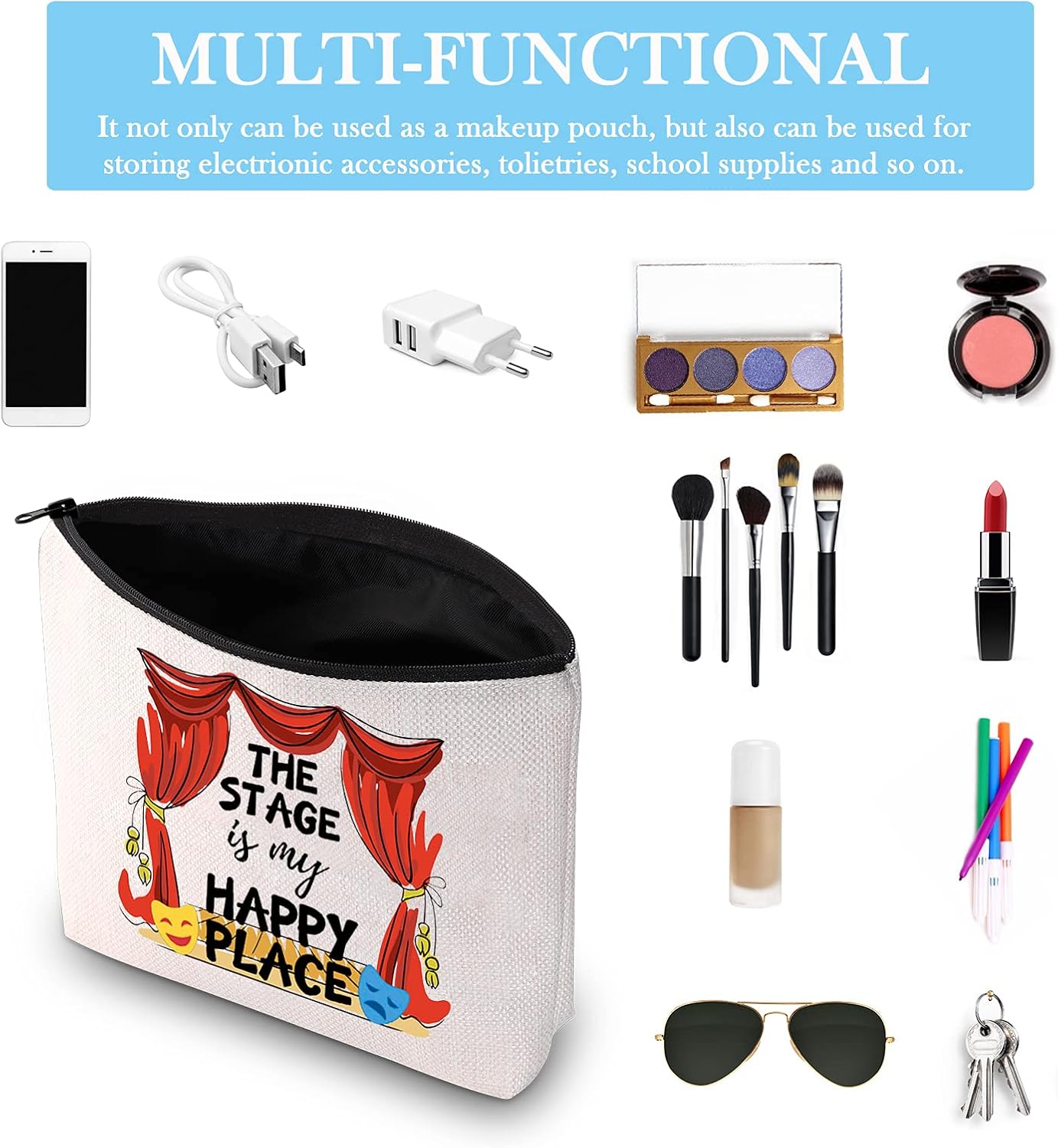Detalle de Performer Gift Broadway "The Stage Is My Happy Place" cosmetic bag 🎭