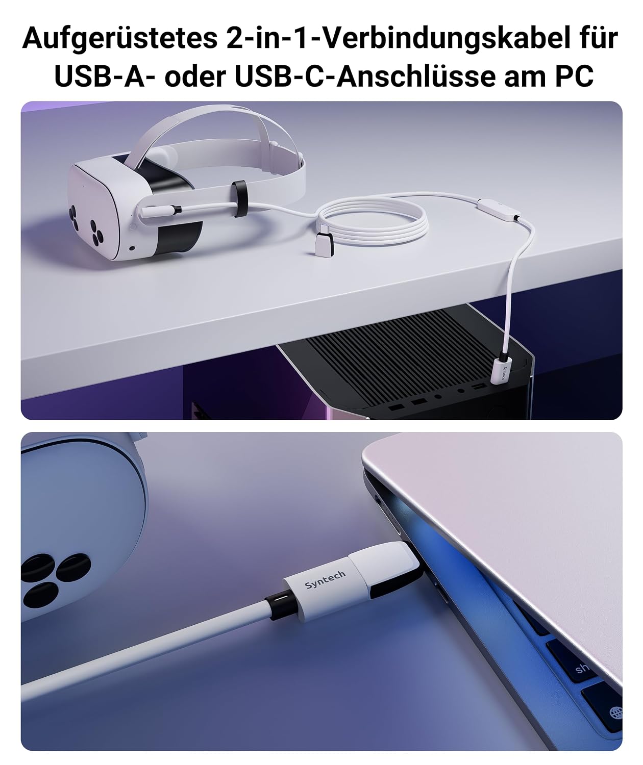 Detalle 1 de Syntech Link Kabel 5 m/16 ft – 2‑in‑1 USB-A/USB-C VR‑Kabel für Meta Quest 3S/3/2/Pro und Pico 4