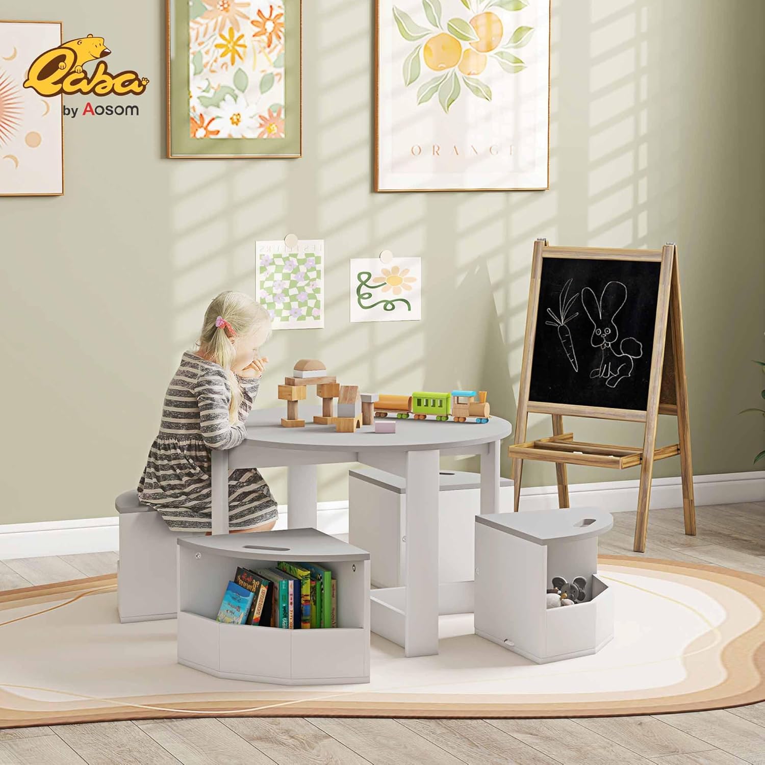 Thumbnail 1 de AIYAPLAY Kids Table and Chairs Set (Five-Piece) with Under-Seat Storage – Grey