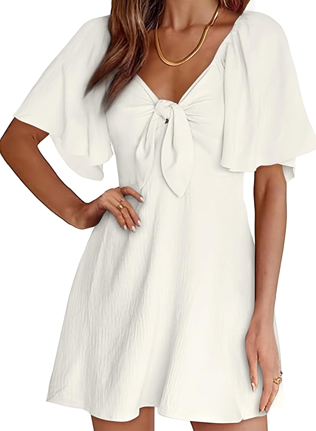 Detalle de Dokotoo Women's Dresses 2026 Spring/Summer Deep V Neck Mini Dress with Bow Tie