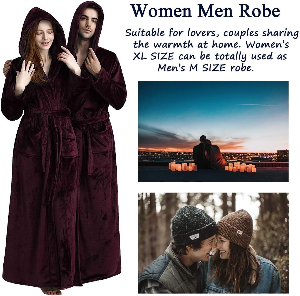 Thumbnail 6 de Hellomamma HEA81706-W Long Hooded Flannel Fleece Bathrobe with Belt and Pockets