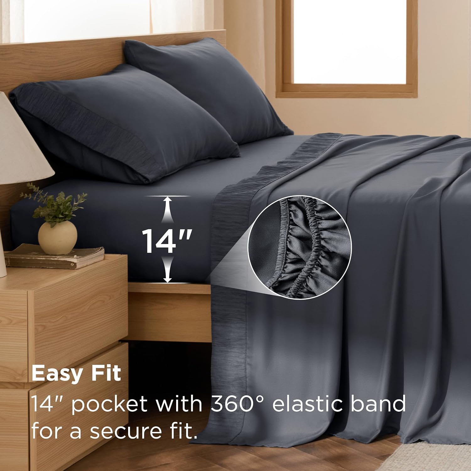 Detalle de Bedsure Full Size Sheet Set, 14-Inch Deep Pocket, Dark Gray Microfiber