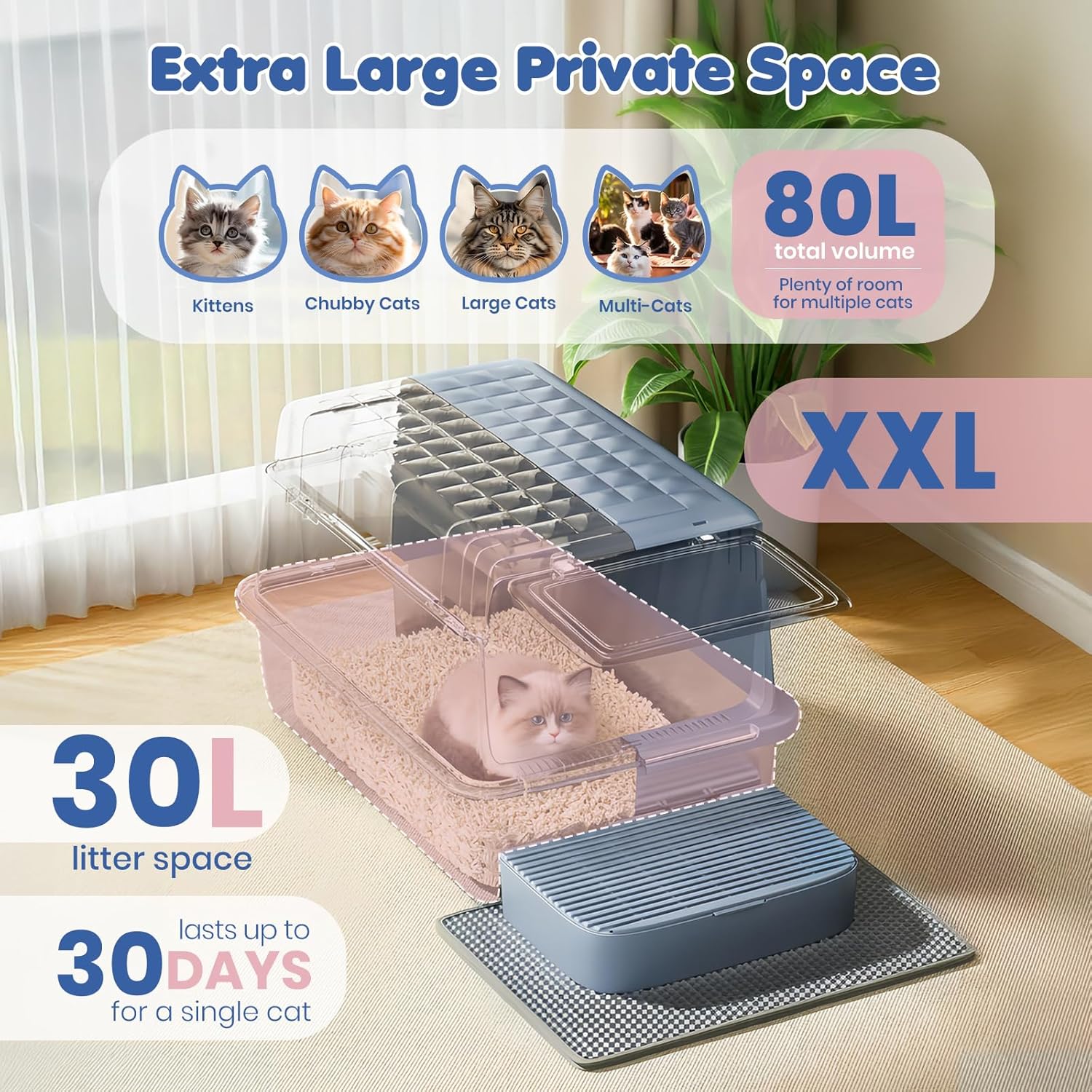 Detalle de Jumbo Stainless Steel Cat Litter Tray XXL 3-in-1 Enclosed Box with 120° Flip Lid – Grey