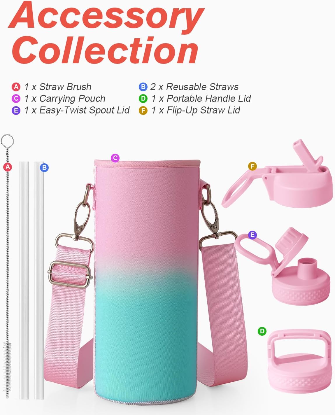Thumbnail 6 de Coolflask Long-lasting insulated water bottle, 40 oz, 3 lids, Bubblegum Princess
