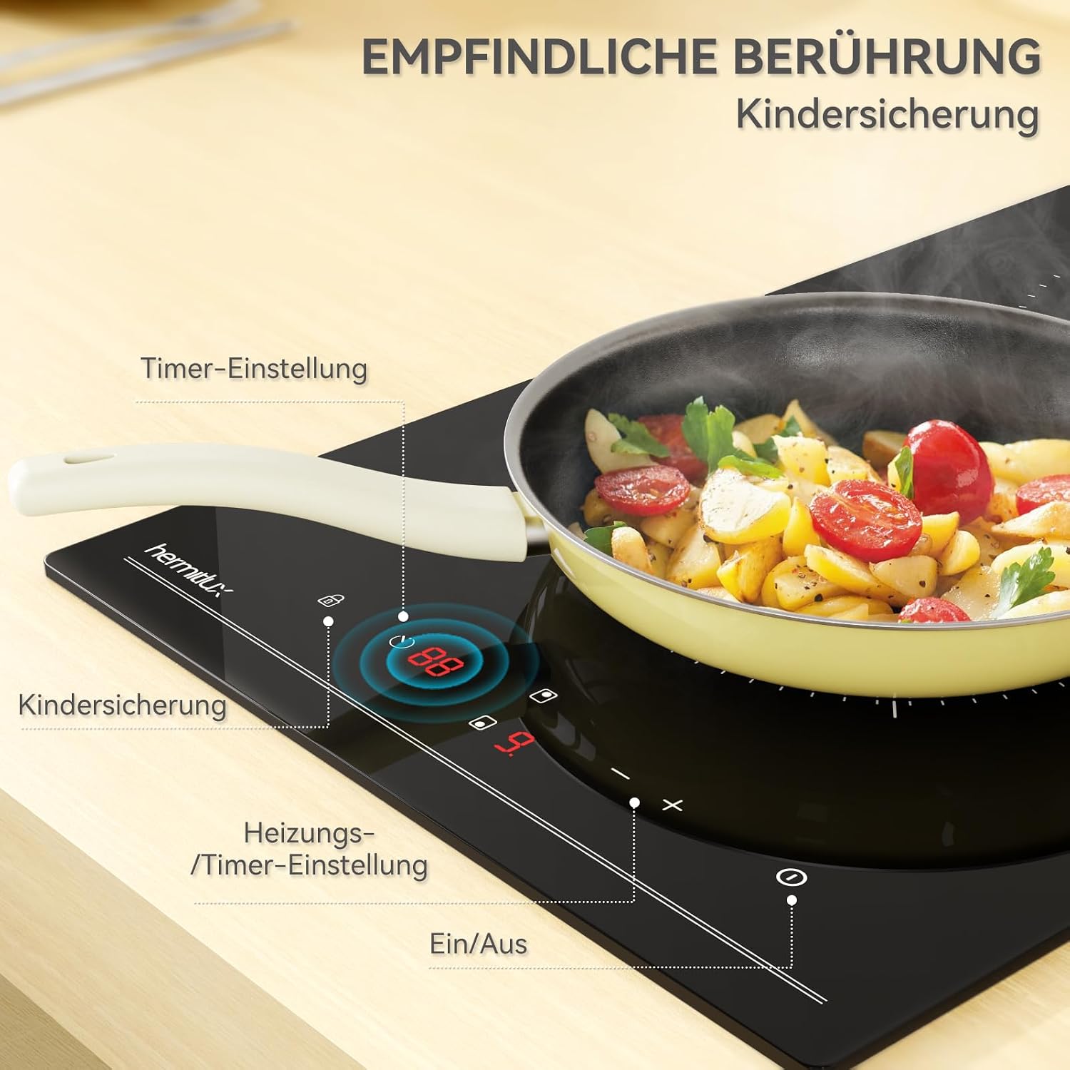 Detalle de Hermitlux Einbau-Kochfeld mit 2 Zonen (Glaskeramik, 3300 W, Timer, Touch & Kindersicherung) 28,8 cm